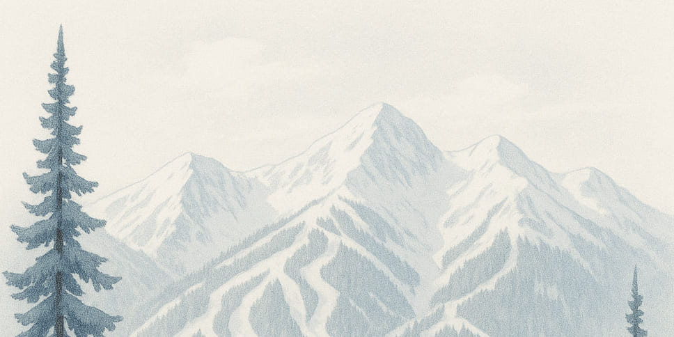 Pencil illustration of the Highlands ridge with ski runs cut through the forest.