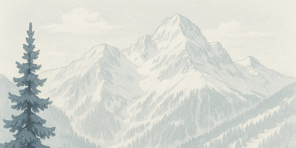 Pencil illustration of a snow-covered San Juan peak above forested slopes.